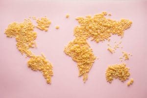 dried pasta art laid out in the shape of the countries of the world