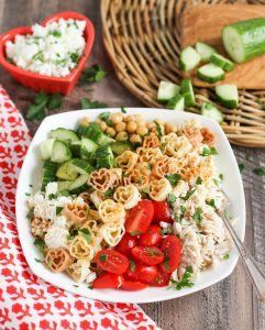 greek pasta bowl with tuna and chickpeas and heart pasta