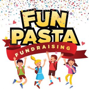 fun pasta fundraising logo with confetti and kids